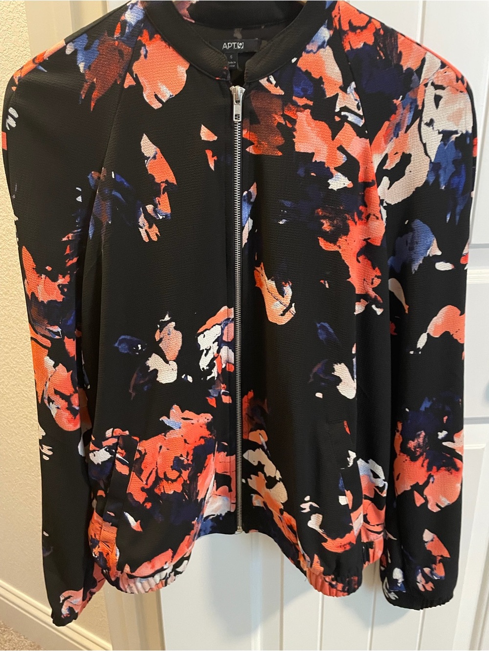 Apt. 9 Black Bomber Jacket with Red, Blue & White Floral Print
